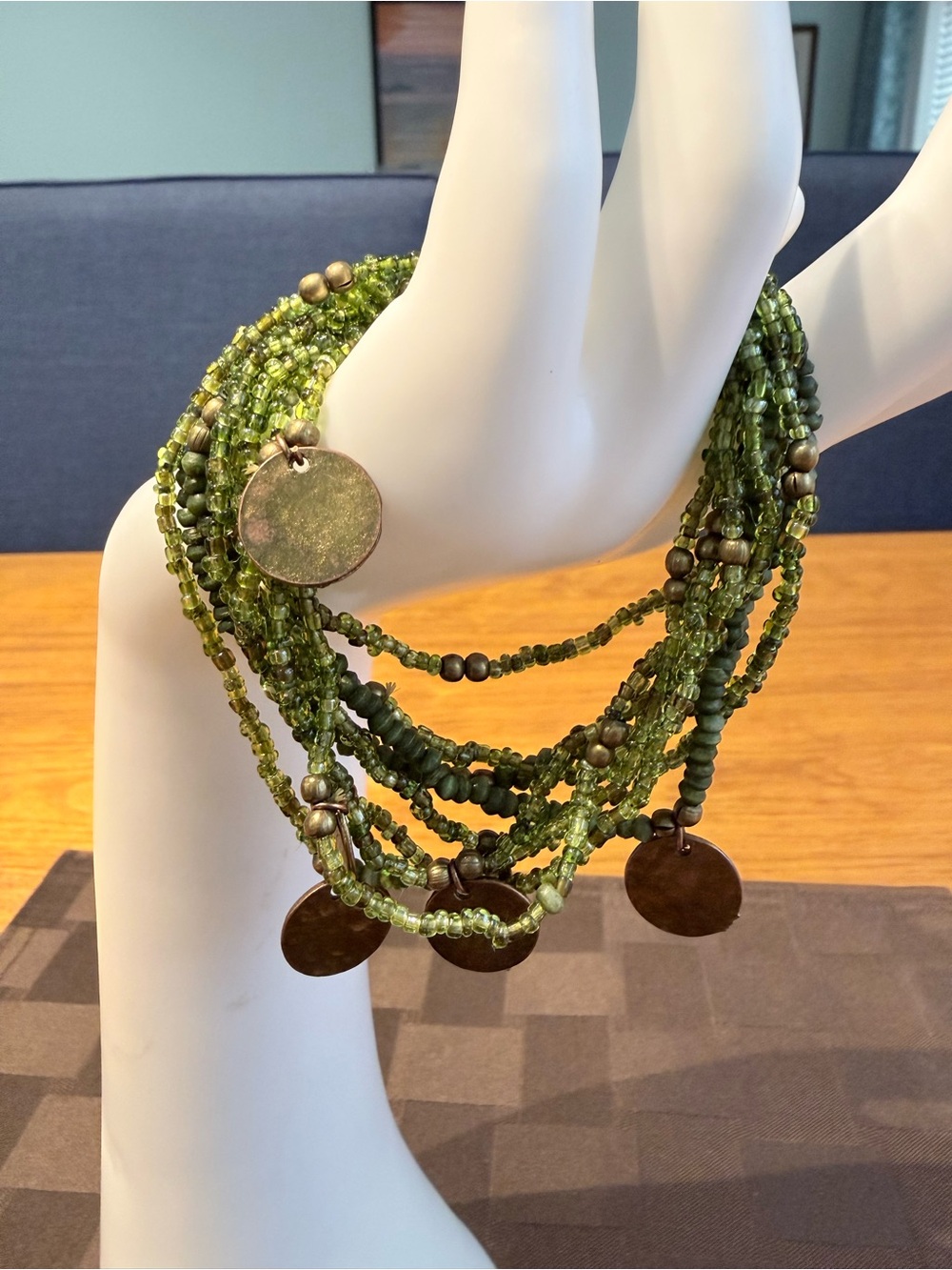 Handcrafted Green Seed Bead Multi-Strand Bracelet with Disc Charms